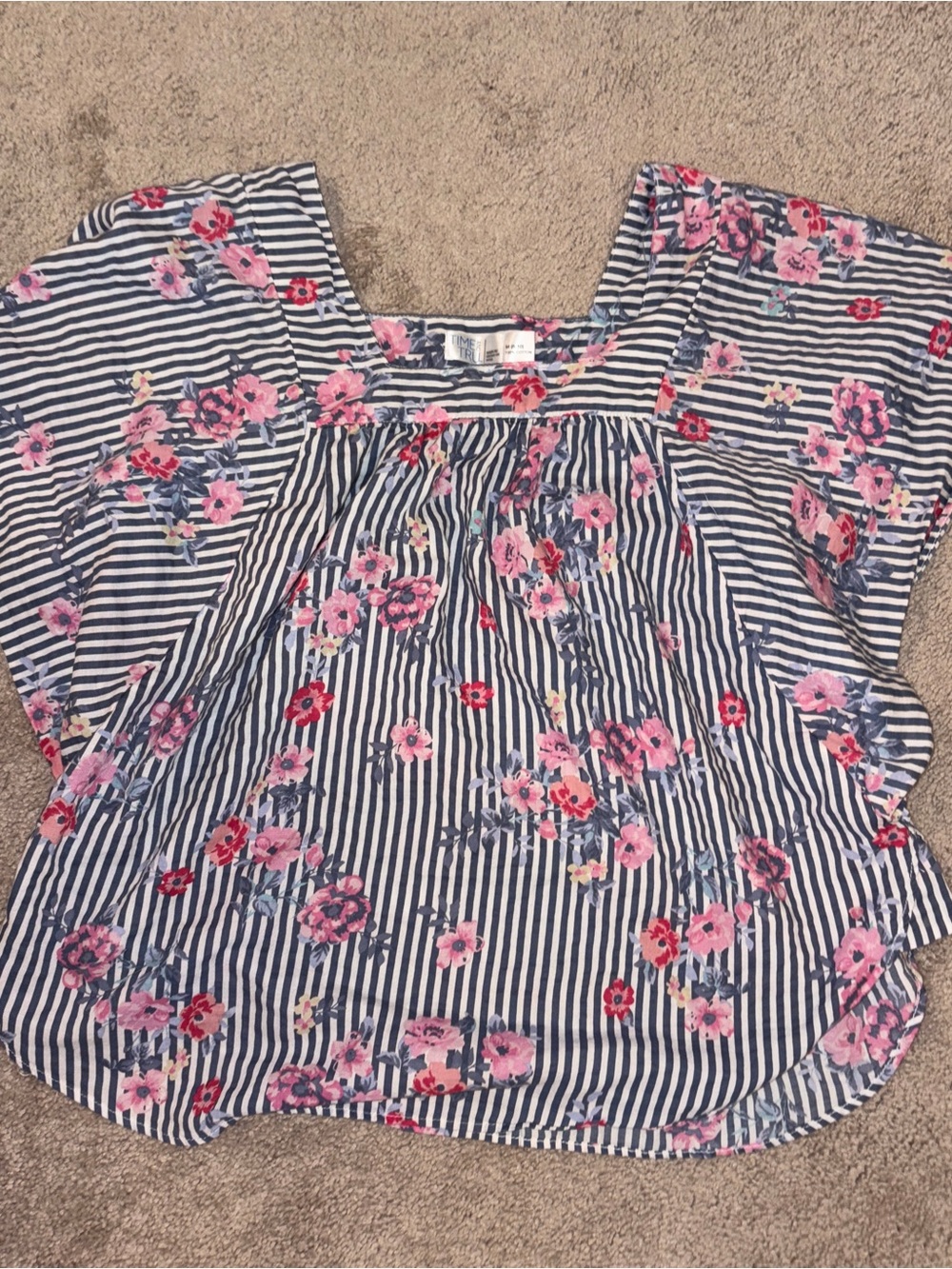 Time and Tru Navy & White Striped Floral Flutter Sleeve Top Size: L